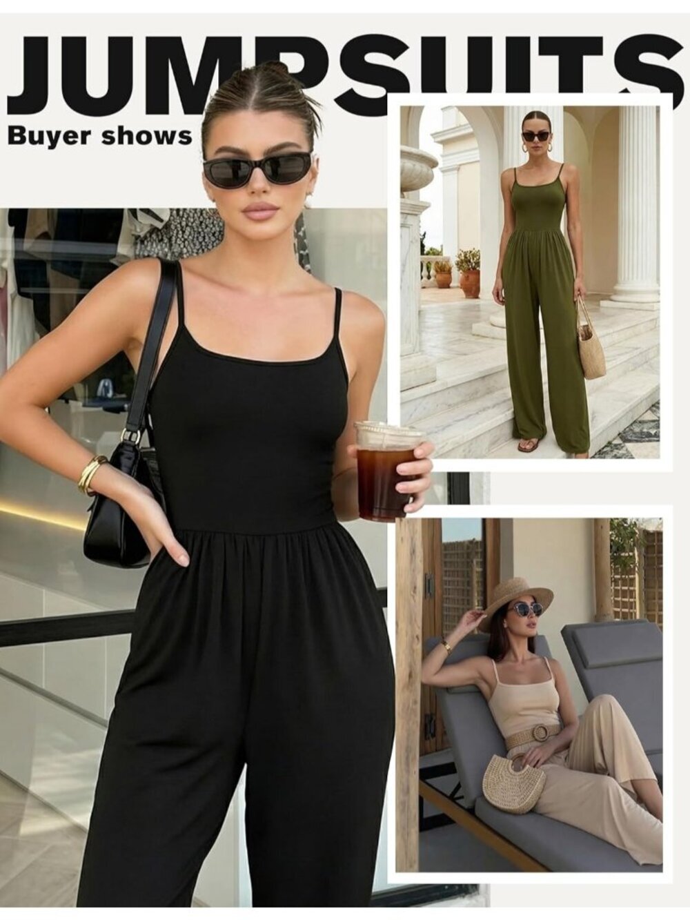 Women's Jumpsuits Black Sleeveless Strap Wide Leg Summer Romper with Pockets - Picture 6 of 6